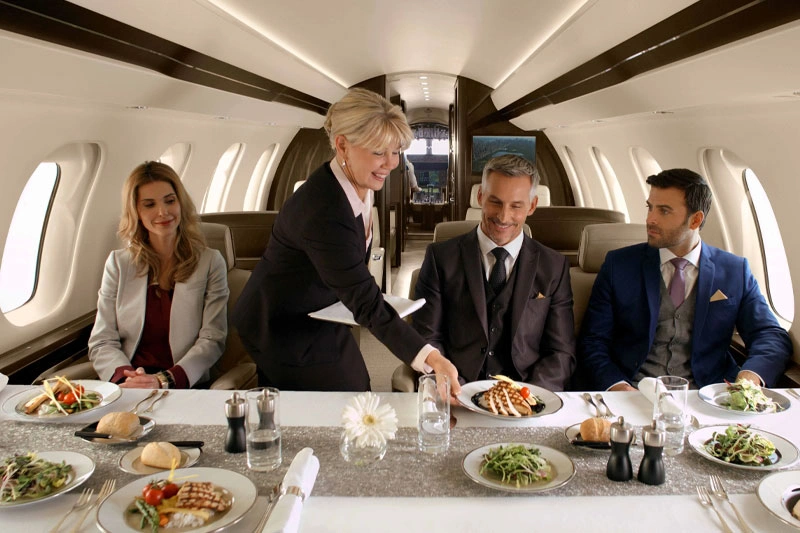 Gourmet fine dining aboard private jet
